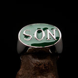 Perfectly crafted oval Initial Men's Ring green SON one word - Sterling Silver - BikeRing4u