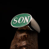 Perfectly crafted oval Initial Men's Ring green SON one word - Sterling Silver - BikeRing4u