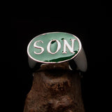 Perfectly crafted oval Initial Men's Ring green SON one word - Sterling Silver - BikeRing4u