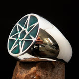 Excellent crafted Men's Heptagon Ring Green seven sided Polygon - Sterling Silver - BikeRing4u