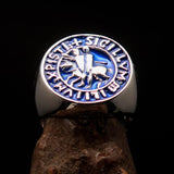 Excellent crafted Men's blue Templar Knight Seal Ring - Sterling Silver - BikeRing4u