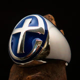 Excellent crafted Men's Ring modern blue Christian Cross - Sterling Silver - BikeRing4u