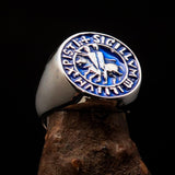 Excellent crafted Men's blue Templar Knight Seal Ring - Sterling Silver - BikeRing4u