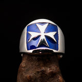 Excellent crafted Men's blue Maltese Cross Biker Ring - Sterling Silver - BikeRing4u