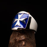 Excellent crafted Men's blue Maltese Cross Biker Ring - Sterling Silver - BikeRing4u