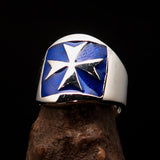 Excellent crafted Men's blue Maltese Cross Biker Ring - Sterling Silver - BikeRing4u