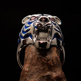 Excellent crafted Men's Predator Ring Tiger red CZ Eyes and blue Stripes - Sterling Silver - BikeRing4u