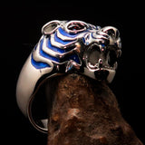 Excellent crafted Men's Predator Ring Tiger red CZ Eyes and blue Stripes - Sterling Silver - BikeRing4u