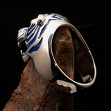 Excellent crafted Men's Predator Ring Tiger red CZ Eyes and blue Stripes - Sterling Silver - BikeRing4u