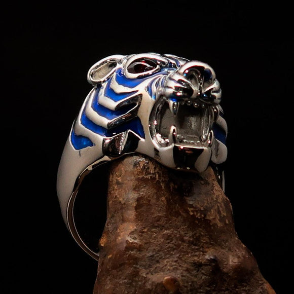 Excellent crafted Men's Predator Ring Tiger red CZ Eyes and blue Stripes - Sterling Silver - BikeRing4u