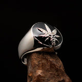 Men's Ring Cannabis Leaf Marihuana black Medical Weed Symbol - Sterling Silver - BikeRing4u