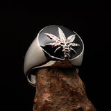 Men's Ring Cannabis Leaf Marihuana black Medical Weed Symbol - Sterling Silver - BikeRing4u