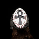 Black marquise shaped Egyptian Ankh Cross Men's Ring - Sterling Silver - BikeRing4u