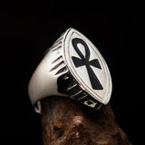 Black marquise shaped Egyptian Ankh Cross Men's Ring - Sterling Silver - BikeRing4u