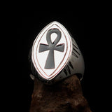 Black marquise shaped Egyptian Ankh Cross Men's Ring - Sterling Silver - BikeRing4u