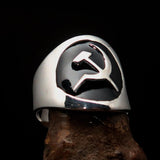 Excellent crafted Men's Hammer and Sickle Crest Ring Black - Sterling Silver - BikeRing4u