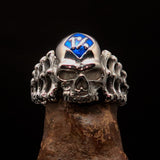 Excellent crafted Men's blue 1% Outlaw Biker Skull and Bones Ring - Sterling Silver - BikeRing4u