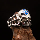 Excellent crafted Men's blue 1% Outlaw Biker Skull and Bones Ring - Sterling Silver - BikeRing4u