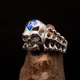 Excellent crafted Men's blue 1% Outlaw Biker Skull and Bones Ring - Sterling Silver - BikeRing4u
