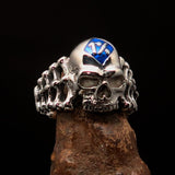 Excellent crafted Men's blue 1% Outlaw Biker Skull and Bones Ring - Sterling Silver - BikeRing4u