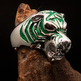 Excellent crafted Men's Predator Ring Tiger red CZ Eyes and green Stripes - Sterling Silver - BikeRing4u