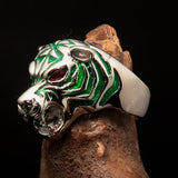 Excellent crafted Men's Predator Ring Tiger red CZ Eyes and green Stripes - Sterling Silver - BikeRing4u