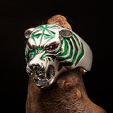 Excellent crafted Men's Predator Ring Tiger red CZ Eyes and green Stripes - Sterling Silver - BikeRing4u
