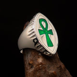 Green marquise shaped Egyptian Ankh Cross Men's Ring - Sterling Silver - BikeRing4u
