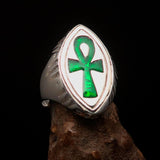 Green marquise shaped Egyptian Ankh Cross Men's Ring - Sterling Silver - BikeRing4u