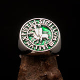 Excellent crafted Men's green Templar Knight Seal Ring - Sterling Silver - BikeRing4u