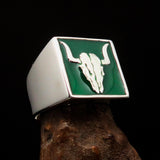 Perfectly crafted Men's Cowboy Ring green Bull Skull - Sterling Silver - BikeRing4u