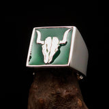 Perfectly crafted Men's Cowboy Ring green Bull Skull - Sterling Silver - BikeRing4u