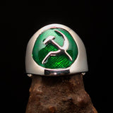 Excellent crafted Men's Hammer and Sickle Crest Ring green - Sterling Silver - BikeRing4u
