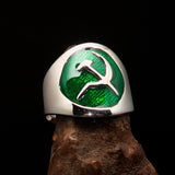 Excellent crafted Men's Hammer and Sickle Crest Ring green - Sterling Silver - BikeRing4u