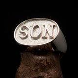 Perfectly crafted oval Initial Men's Ring SON one word - two tone Sterling Silver - BikeRing4u