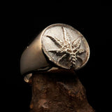Men's Ring Cannabis Leaf Marihuana Medical Weed Symbol - two tone Sterling Silver - BikeRing4u