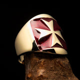 Excellent crafted Men's red Maltese Cross Biker Ring - solid Brass - BikeRing4u