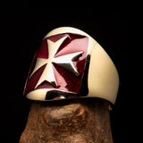 Excellent crafted Men's red Maltese Cross Biker Ring - solid Brass - BikeRing4u