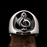Excellent crafted round Men's black Treble Clef Ring - Sterling Silver - BikeRing4u