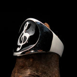 Excellent crafted round Men's black Treble Clef Ring - Sterling Silver - BikeRing4u