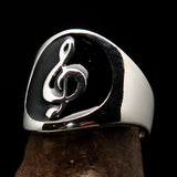 Excellent crafted round Men's black Treble Clef Ring - Sterling Silver - BikeRing4u