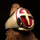Excellent crafted Men's Ring modern red Christian Cross - Solid Brass - BikeRing4u