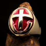 Excellent crafted Men's Ring modern red Christian Cross - Solid Brass - BikeRing4u