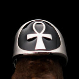 Excellent crafted Men's big black Egyptian Ankh Cross Ring - Sterling Silver - BikeRing4u