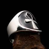 Excellent crafted Men's big black Egyptian Ankh Cross Ring - Sterling Silver - BikeRing4u