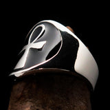 Excellent crafted Men's big black Egyptian Ankh Cross Ring - Sterling Silver - BikeRing4u