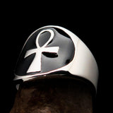 Excellent crafted Men's big black Egyptian Ankh Cross Ring - Sterling Silver - BikeRing4u