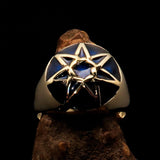 Nicely crafted domed Men's Heptagram Ring blue Heptagon - Solid Brass - BikeRing4u