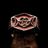 Men's Solid Brass Ring red Crescent Moon Pentagram Star - BikeRing4u