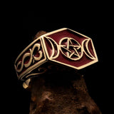 Men's Solid Brass Ring red Crescent Moon Pentagram Star - BikeRing4u